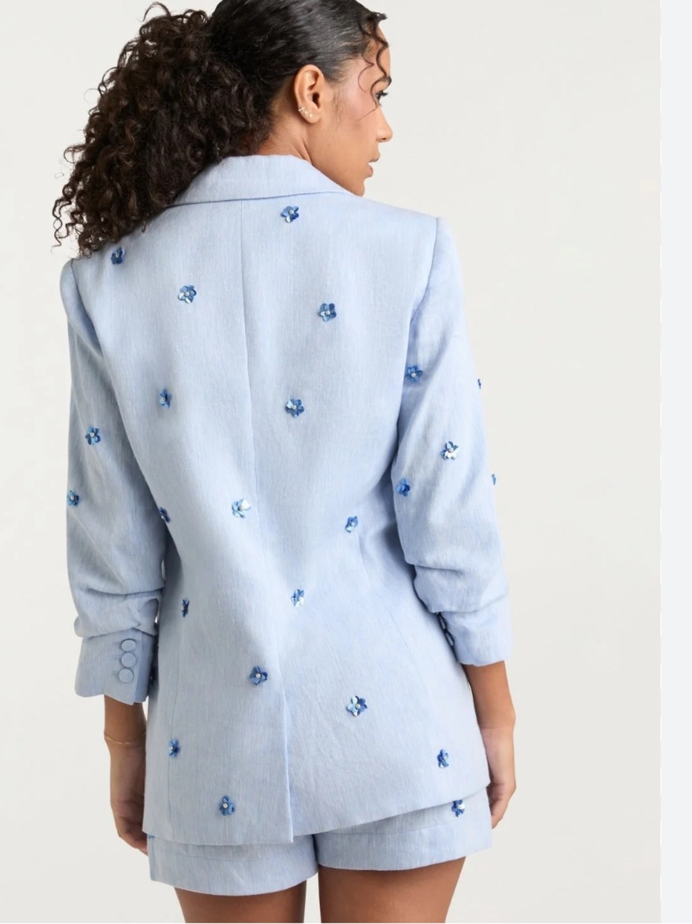 cinq a sept Light Blue Linen-Blend Blazer with flower embellishments - Picture 14 of 16